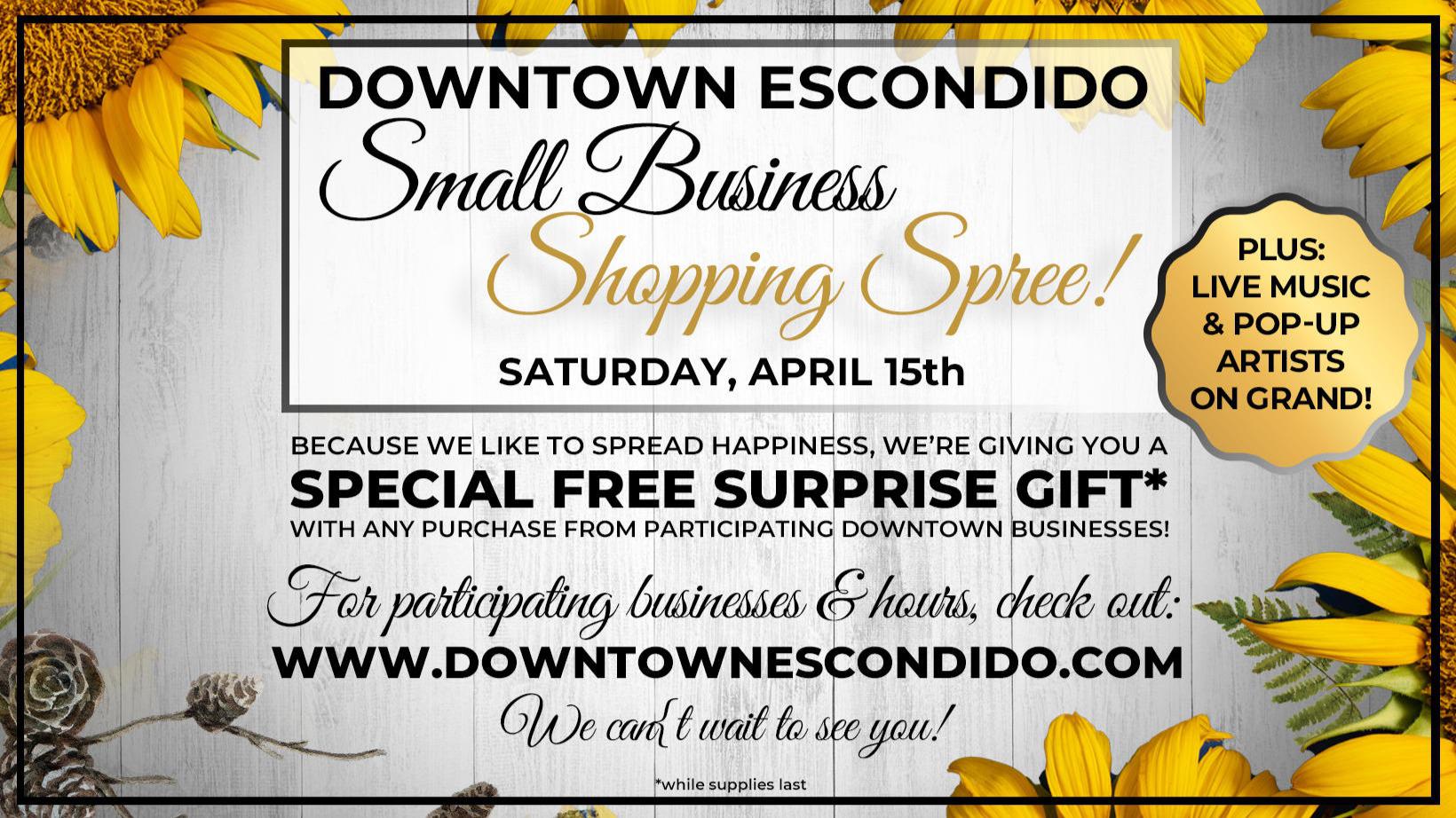 IT'S BACK!! Small Business Saturday, SPRING EDITION! SAVE THE DATE for this special event: Saturday, April 15! Because we like to spread happiness, we're giving you a special FREE surprise gift from a downtown business! (While supplies last). Find pop-up artists, makers, and music on Grand Avenue. Start your Mother's Day shopping early and get free gifts! With purchase, you will receive a SCRATCH-OFF CARD. Each card will contain the name of another participating merchant where you may present the scratch-off card and redeem your free gift. Ginger Road Wellness & Spa 146 E Grand Ave Escondido, CA 92025 442-899-8819