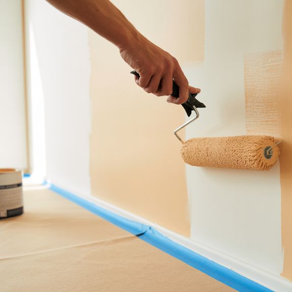 A close-up shot shows a person's hand holding a paint roller and applying a light brown paint to a w 