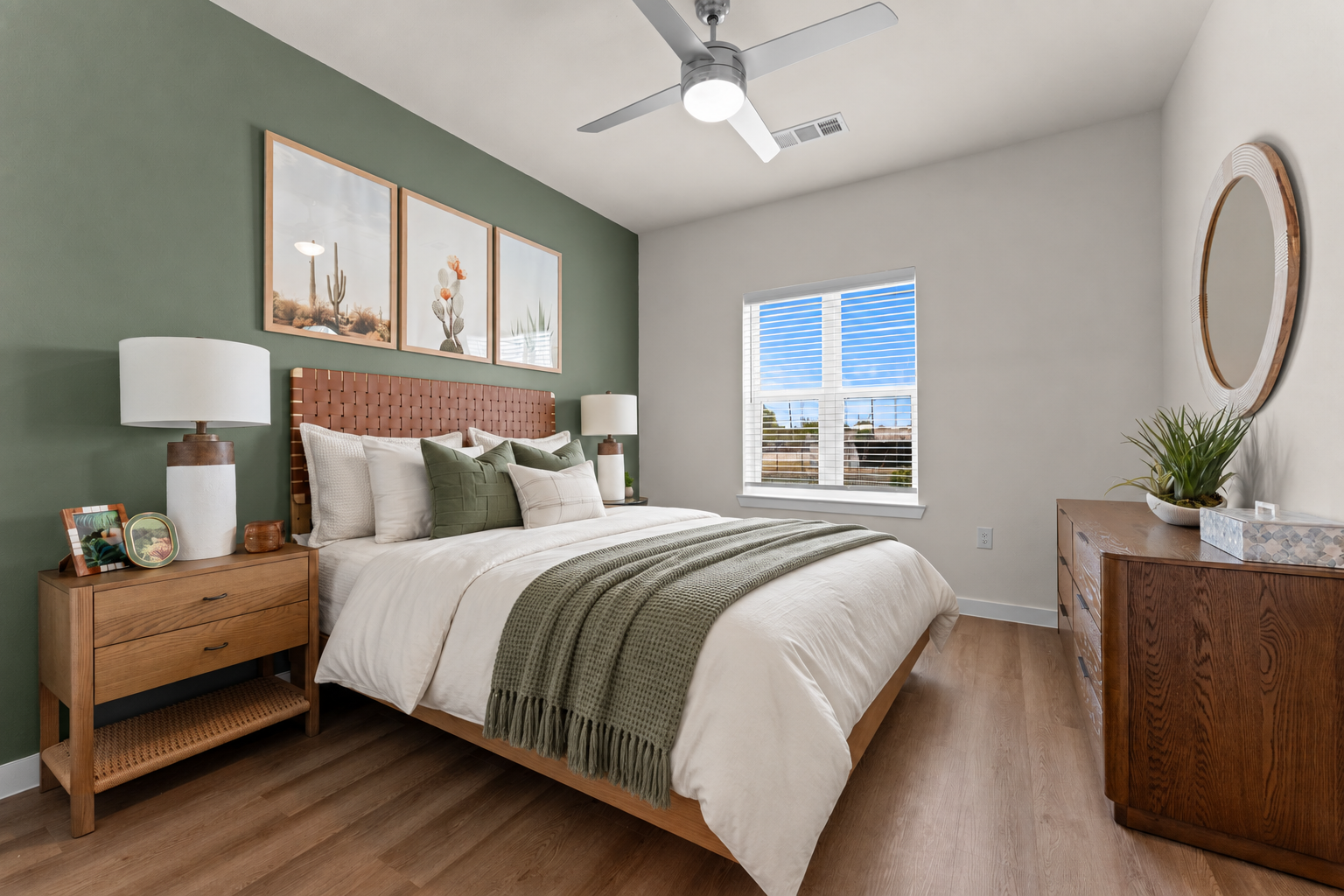 Primary bedroom of two bedroom floor plan at Cyrus Apartments in Northeast Austin. 