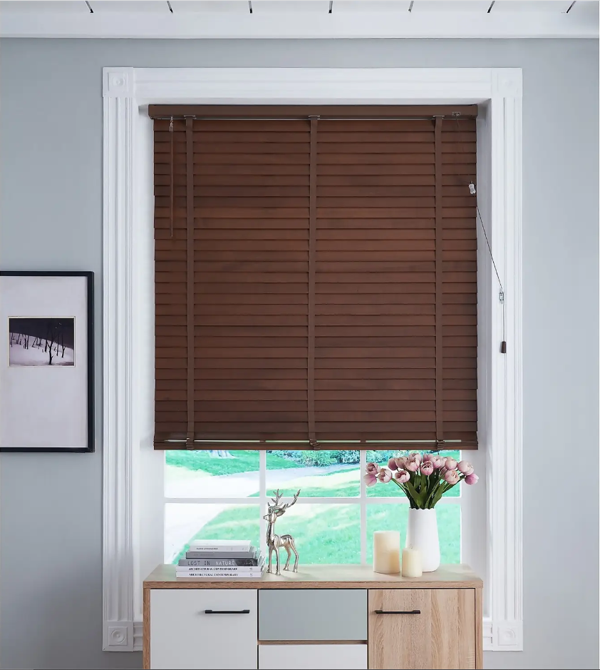 A walnut bamboo blind adorns this window
