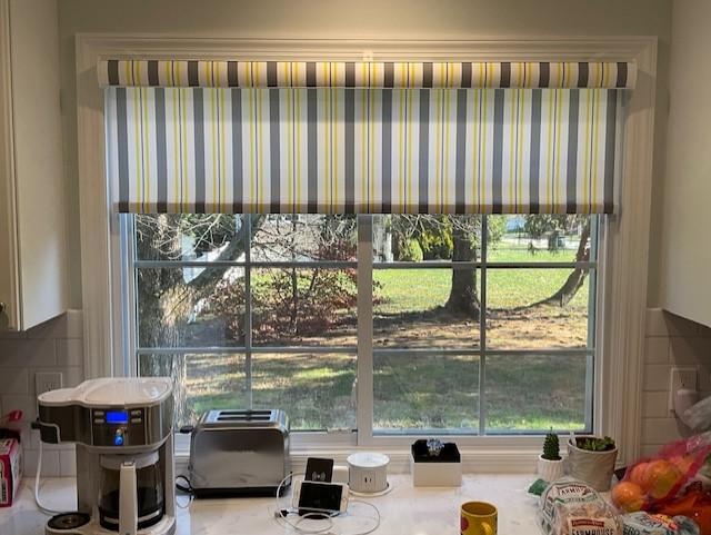this Ossining customer loves her custom color, custom shades. You may recall that she loved the pattern but not the swatch colors. She was able to select the exact colors which has transformed her kitchen.  A perfect ending to a beautiful roller shade.