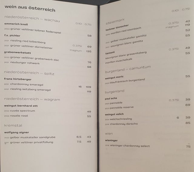 Auszug aus der Weinkarte | Restaurant | grape escape in München