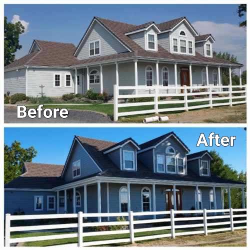 Before and after painting cape cod country home and fencing.