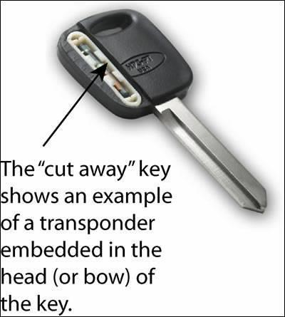 This picture shows how the transponder chip in your car key looks hidden in the plastic. Locksmiths are able to read and program car keys if lost or stolen.