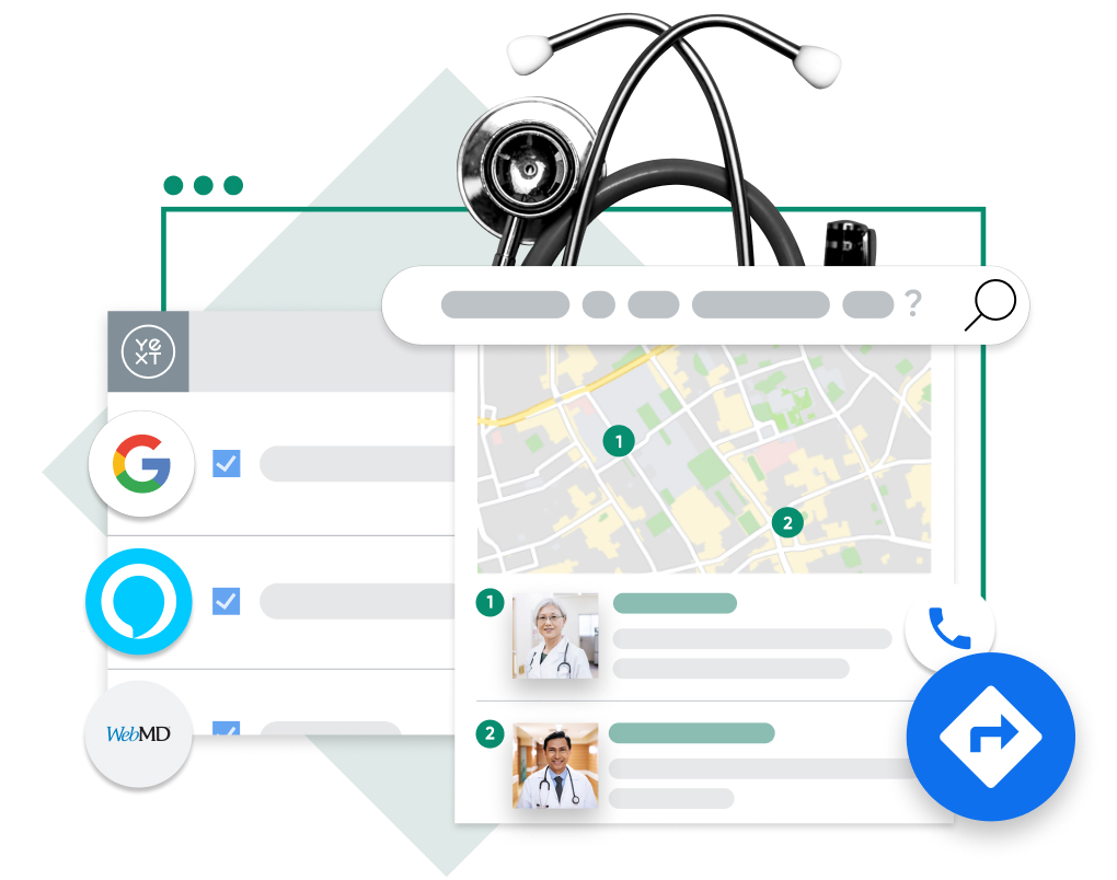 Listings Icons behind a map pack and doctors on third party search on top of a stethoscope and green diamond.