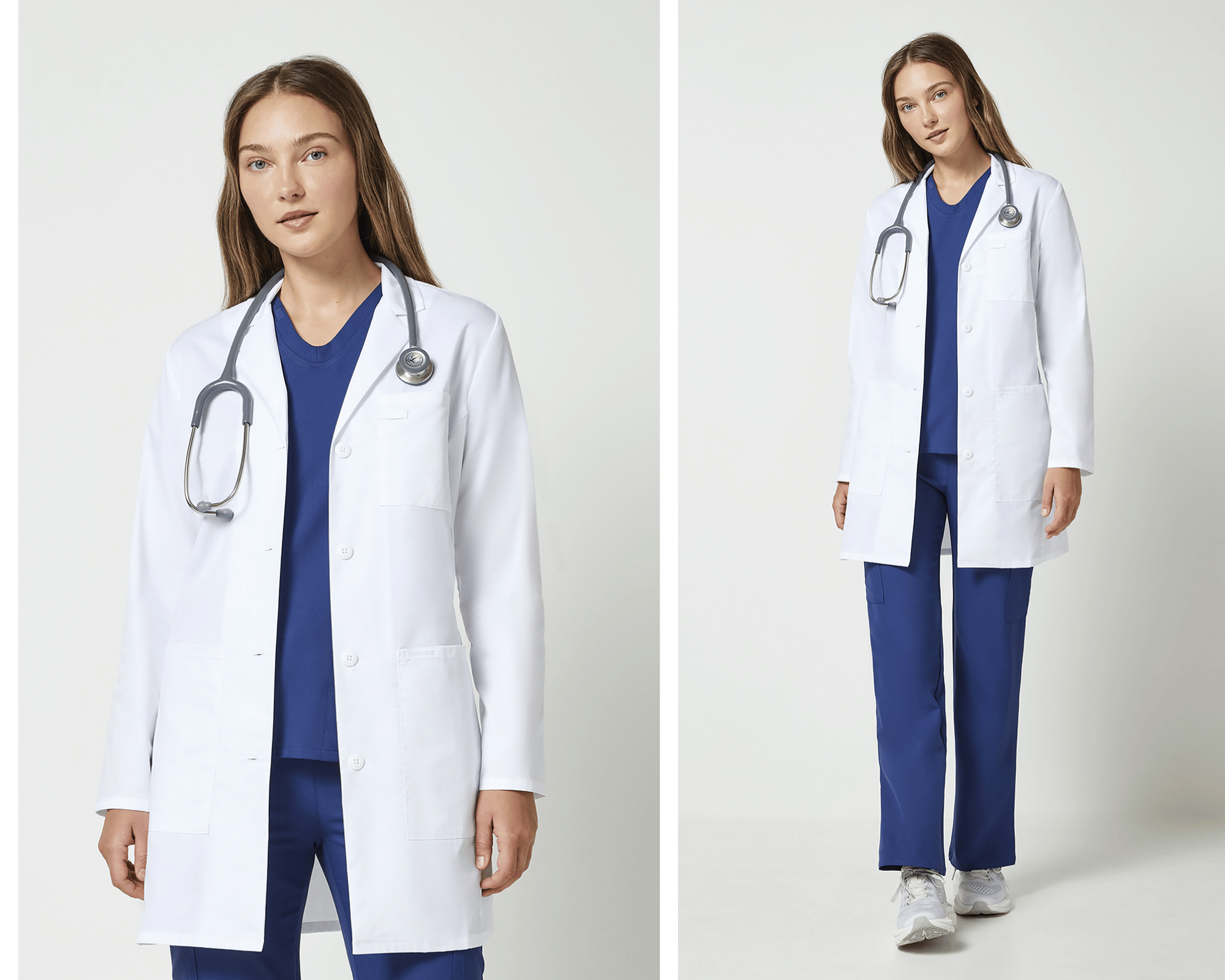 CK PROJECT LAB 33" Lab Coat 33" Lab Coat
Description:
Polished and professional, the Women's Project Lab by Cherokee 33" consultation lab coat delivers a clean, confident look with everyday functionality. The Modern Classic fit offers a flattering silhouette with front and back princess seams. A timeless notched lapel and button closures create a tailored finish, while three essential pockets - including a chest pocket with an ID badge loop and two roomy front patch pockets designed to fit a tablet - keep tools and tech within easy reach. A locker loop adds convenient storage between shifts.
