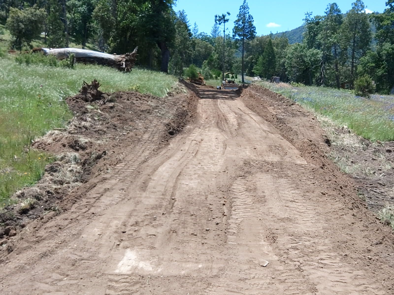 Freshly graded dirt road stretches uphill through a grassy, wooded landscape, showing track marks, cut banks, cleared edges, and construction equipment positioned ahead beneath a bright blue sky outdoors nearby.