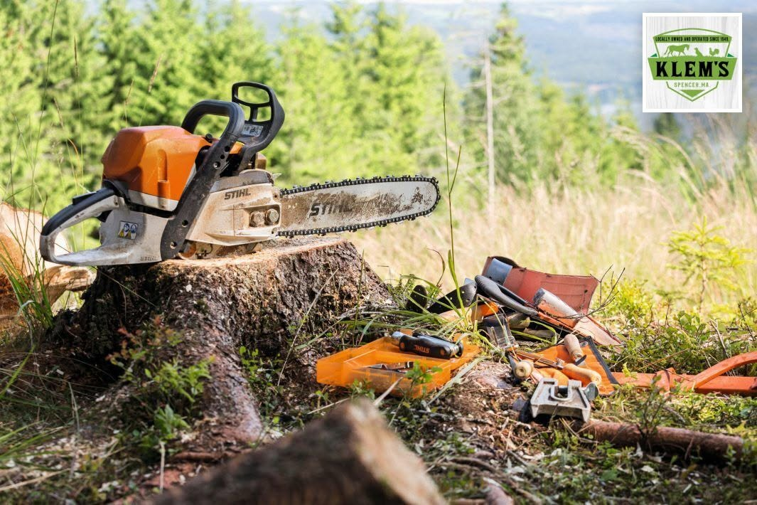 Outdoor power equipment and chainsaw tools available at Klem's, serving homeowners, landscapers, and forestry professionals in Spencer, Massachusetts.