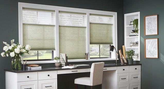Our Trilight Cellular Shades are exactly what you need for the home office. Enjoy two levels of light filtration—or open them up completely to let the sunshine in!