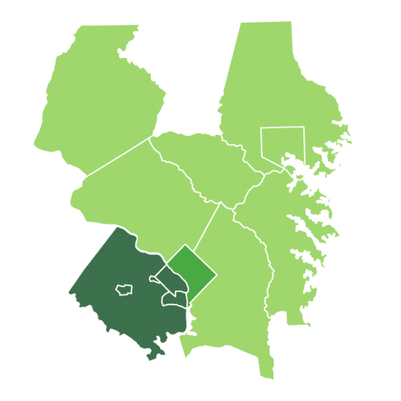 Eco-Shred's service area map. We provide on-site mobile and off-site shredding services in Maryland, Virginia, and Washington, D.C.