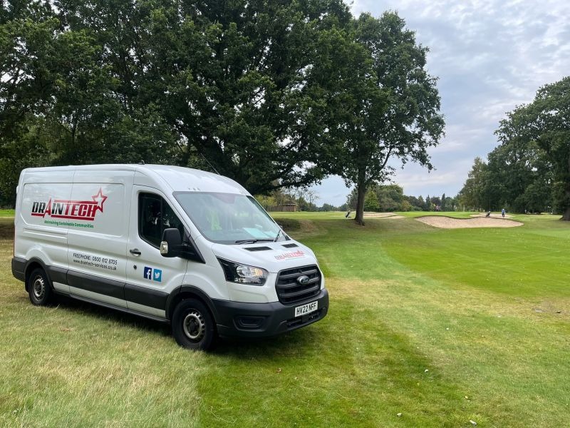 Reliable Drainage Services
At Draintech Services Midlands, we go where we’re needed—whether it’s residential, commercial, or even specialist environments like golf courses. Pictured here is our fully equipped service van on-site at a local golf course, ready to provide expert drainage solutions.