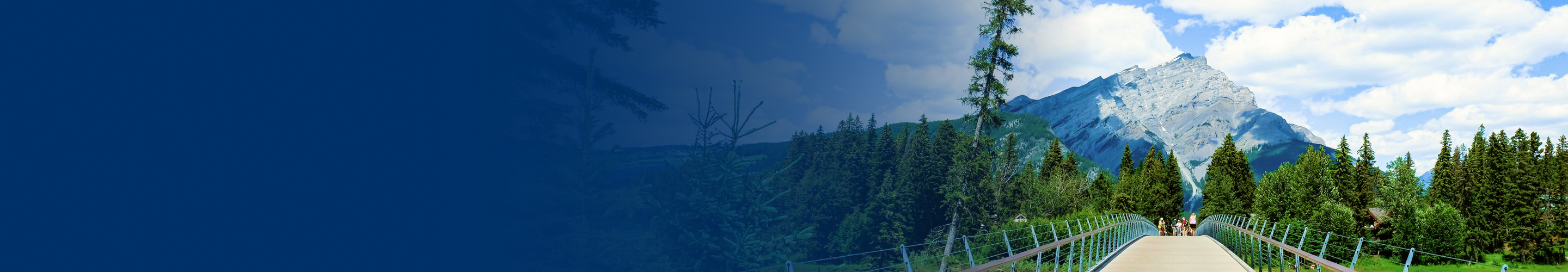 A bridge over a park that leads to a mountain.