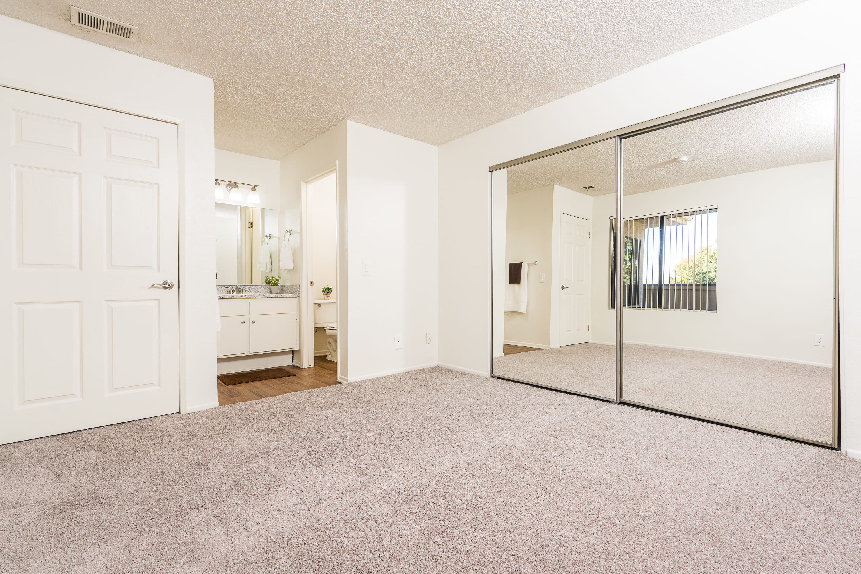 Bedroom with large mirror, closet and sink