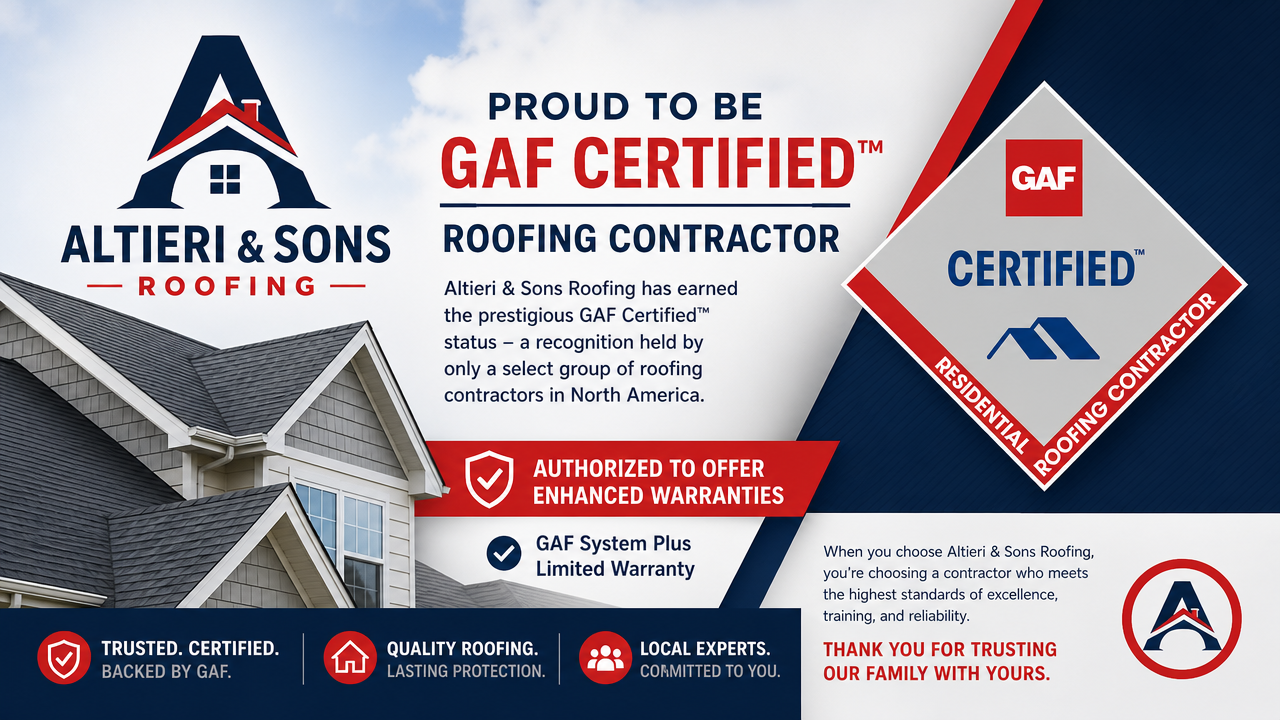 Your home deserves the absolute best. ✨
Did you know that Altieri & Sons Roofing is part of a very select group of GAF Certified™ Contractors in North America? We don't cut corners. We deliver exceptional, quality workmanship installed to the highest standards in the industry.
When you choose us, you are choosing:
Vetted, top-tier professionals
Superior, long-lasting materials
A roof that is truly built to last
Ready to upgrade your home's protection? Reach out today for a free, no-obligation estimate! ????
#RoofingExperts #GAF #RoofReplacement #HomeRenovation #AltieriAndSons #QualityWorkmanship #LocalRoofers