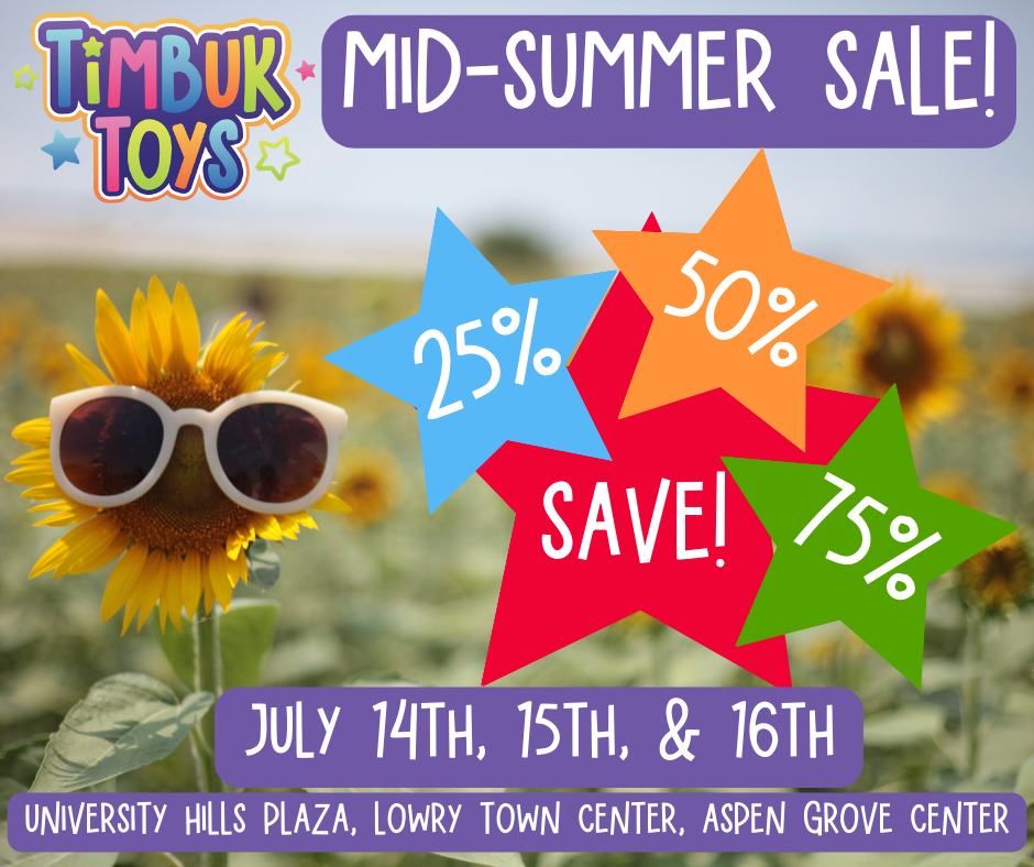 🎉☀Stock up on Great Deals next weekend! Put toys aside for upcoming birthdays and holidays.🎁🎀

All three of our stores will have oodles of fantastic toys at 25, 50, & 75% off.

Help us make room for all the new toys we have on the way.