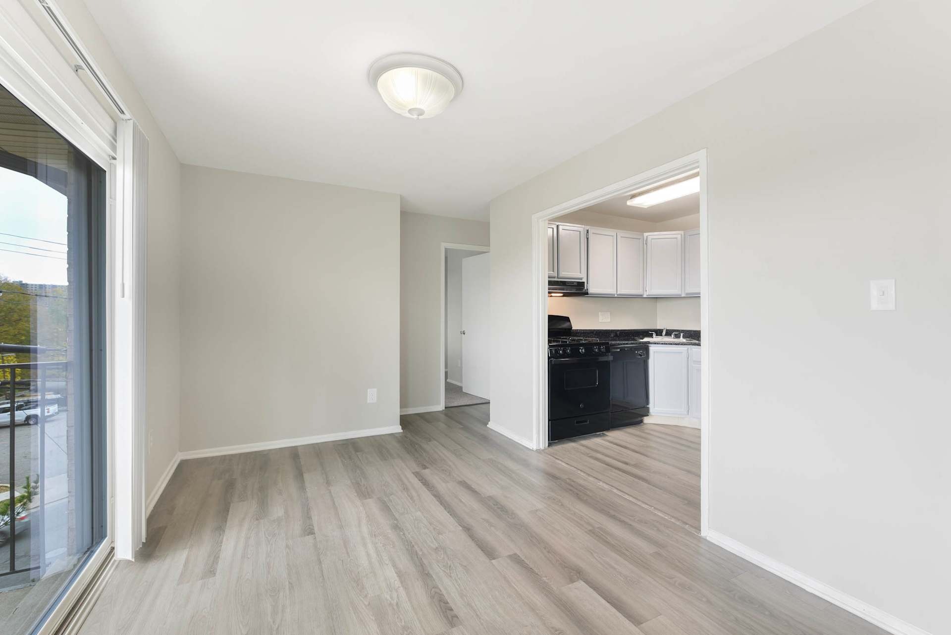 Interior living room with kitchen view
