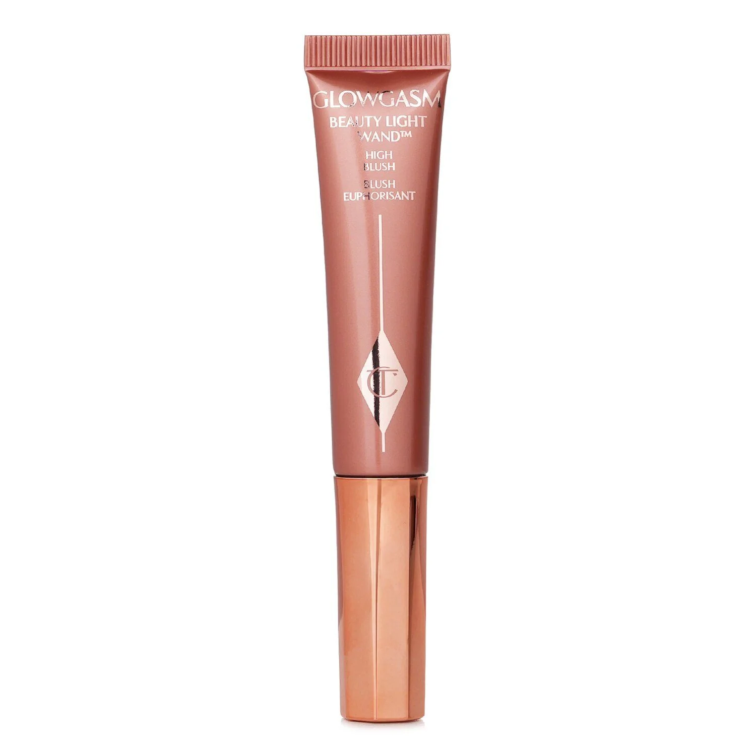 A rose gold colored makeup tube with the brand name "GLOWGASM" and "BEAUTY LIGHT WAND" printed on it in white and gold text, against a white background.