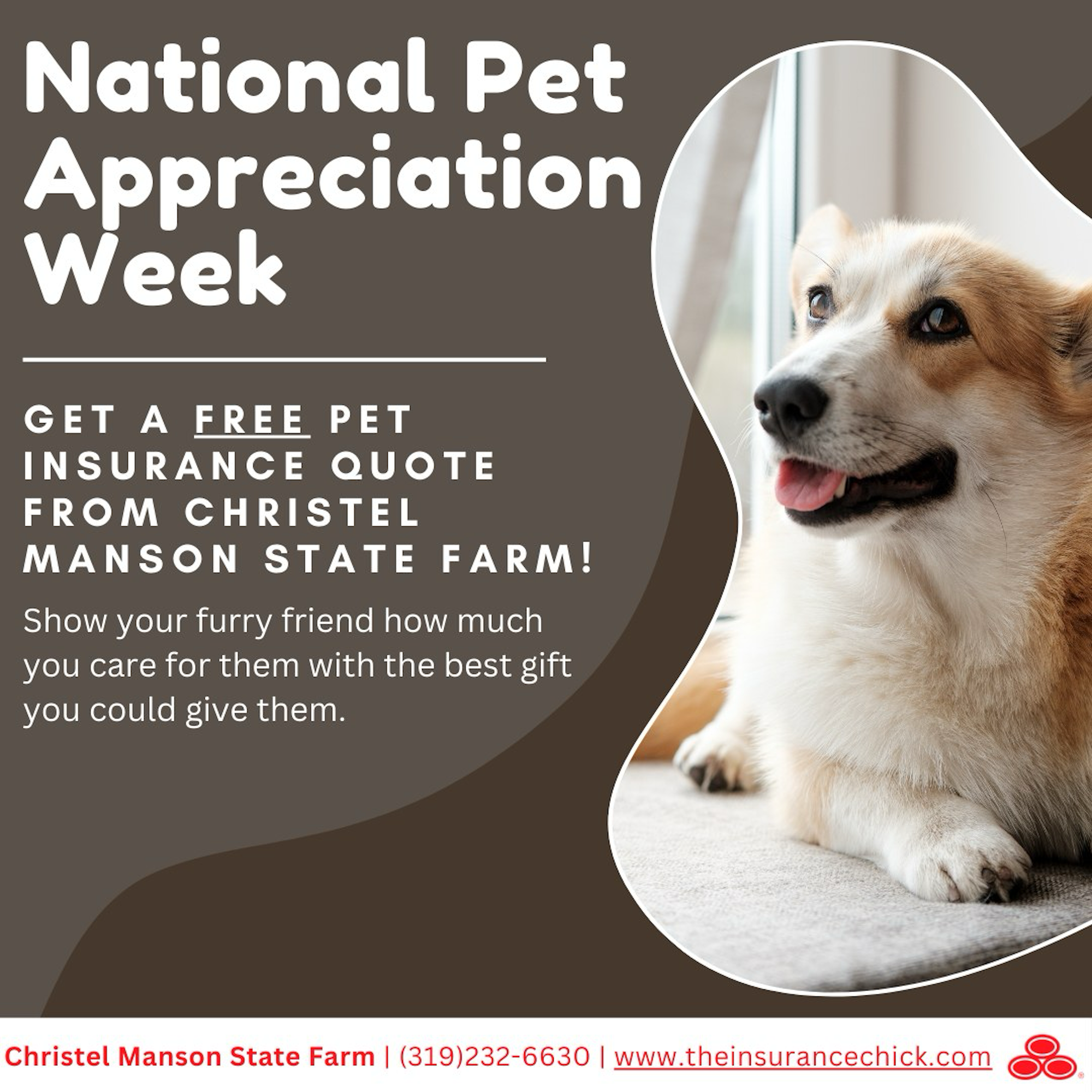 It's National Pet Appreciation Week! Show your furry friend some extra love (and protect your wallet) by getting them pet insurance through Christel Manson State Farm. We can help you find a plan that fits your budget and your pet's needs. Don't wait, call us today!