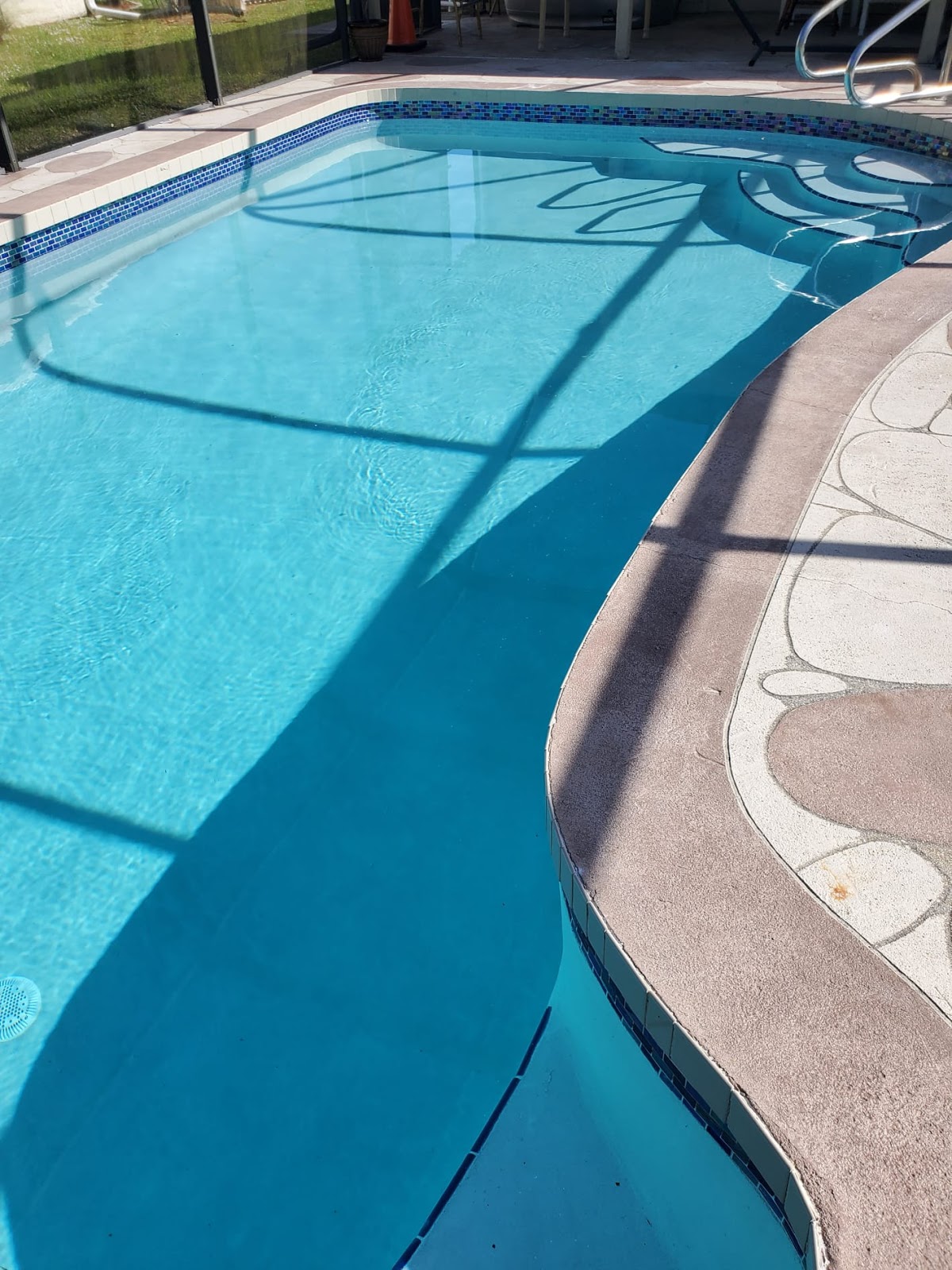 Residential swimming pool with clear blue water, curved edges, decorative tile, and a screened outdoor enclosure.