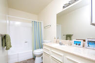 Model bathroom with large single sink counter and shower bathtub combination.