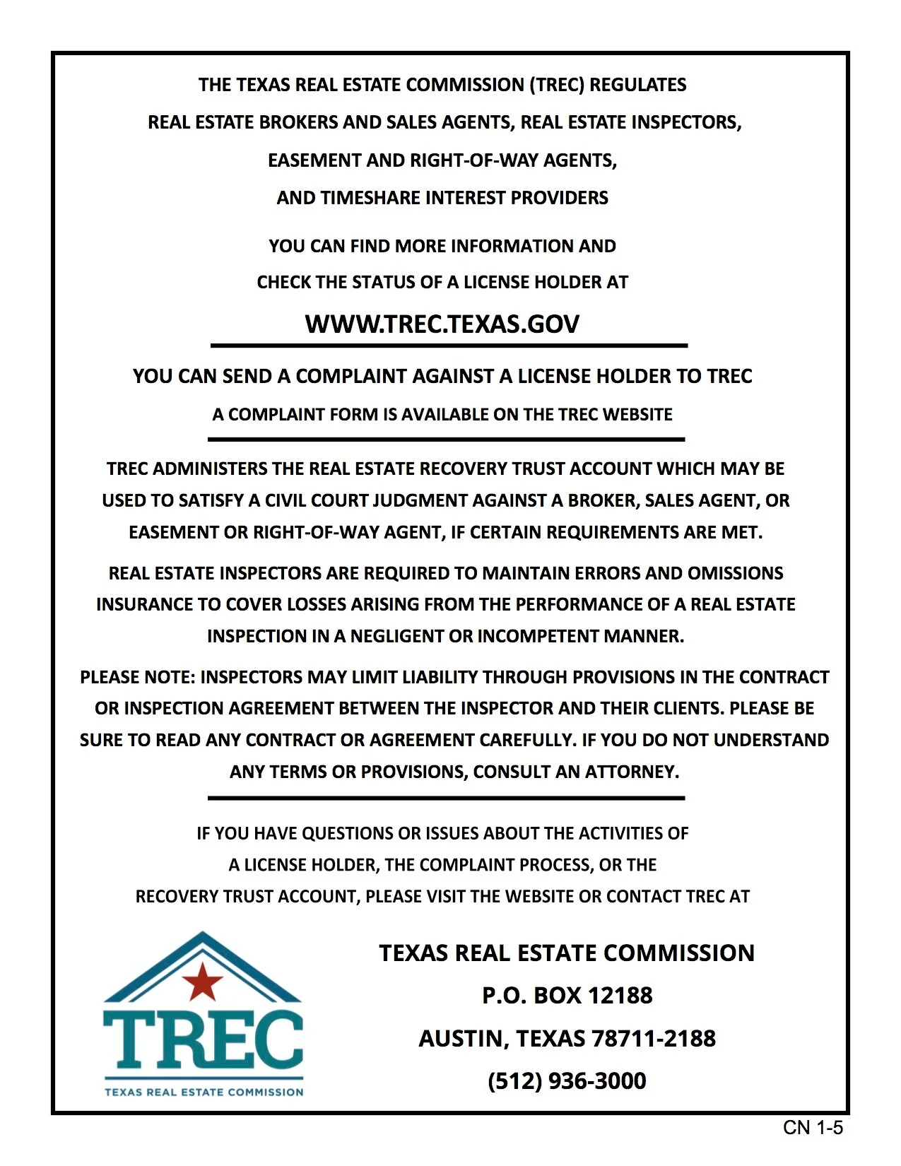 A document from the Texas Real Estate Commission (TREC) detailing regulations for real estate brokers, sales agents, inspectors, easement and right-of-way agents, and timeshare interest providers. It provides a website address for more information and license status checks, and instructs on how to file a complaint. The document also explains the function of the Real Estate Recovery Trust Account and provides contact information for TREC.