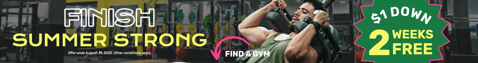 Finish summer strong! Join for $1 down and get 2 weeks free. Use the search bar or enable location services to find a YouFit Gyms near you. Get started with a free pass or view membership options and join today.