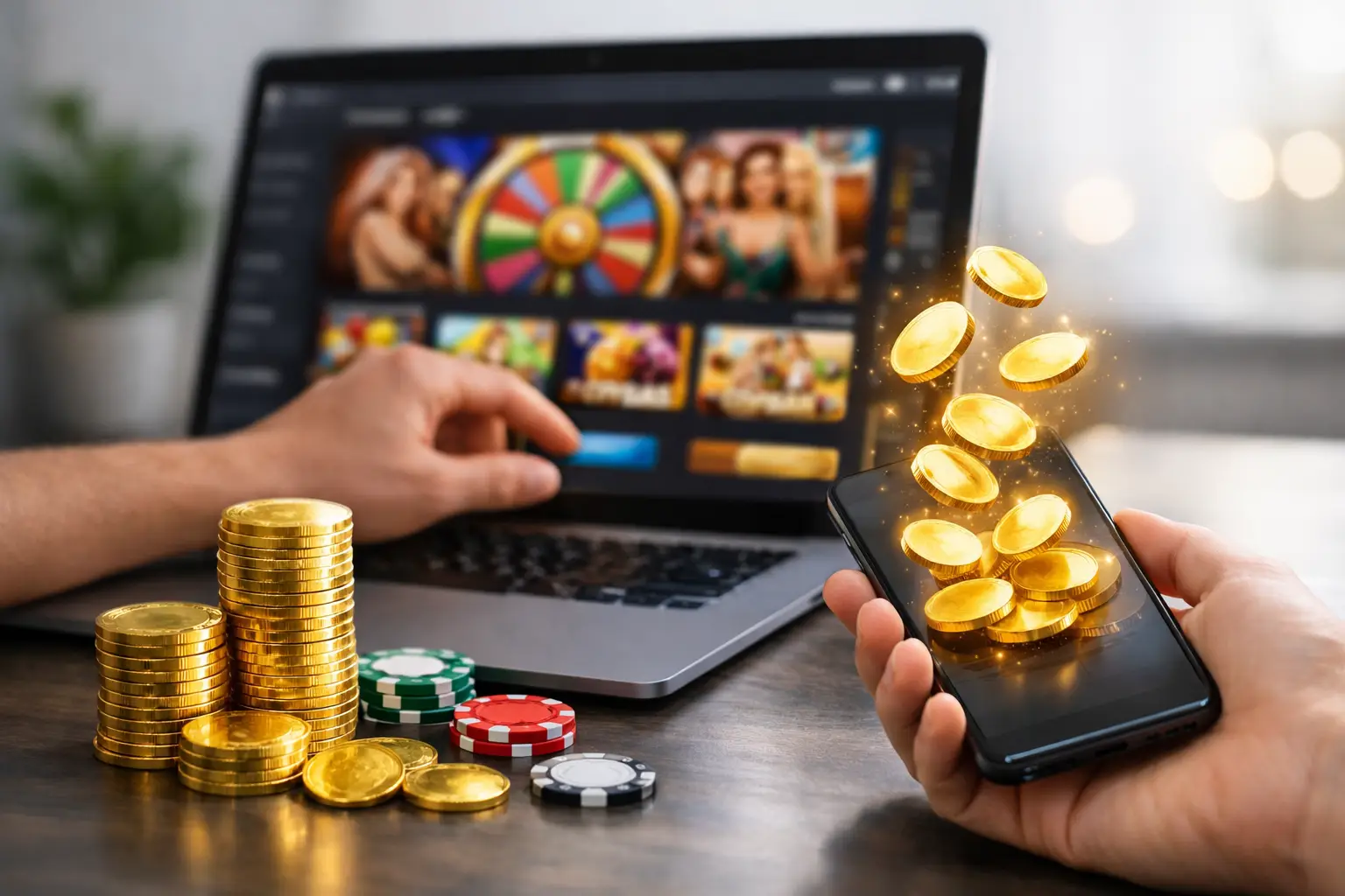 A person's hands are shown interacting with a laptop and a smartphone, with stacks of gold coins and poker chips in the foreground. The laptop screen displays what appears to be a casino or online gambling interface, featuring a spinning wheel of fortune and other game thumbnails. The smartphone screen also shows several gold coins, with more coins appearing to float upwards from it, suggesting a win or accumulation of winnings. The scene evokes themes of online gaming, luck, and financial gain.