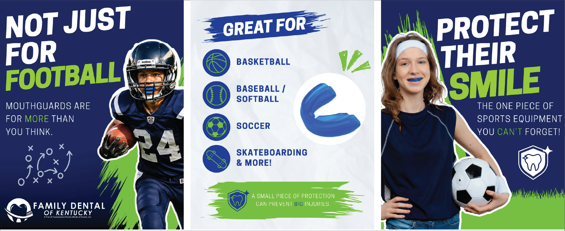 ???? Sports seasons are starting up, and it&rsquo;s the perfect time to gear up safely. 
Mouthguards help prevent chipped or broken teeth and protect the lips, tongue, and jaw during play.