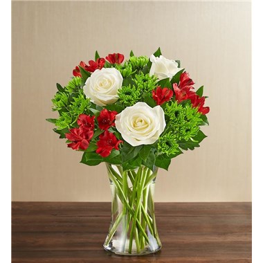 All-around arrangement with white roses, red Peruvian lilies (alstroemeria) and green athos poms; accented with assorted Christmas greenery.