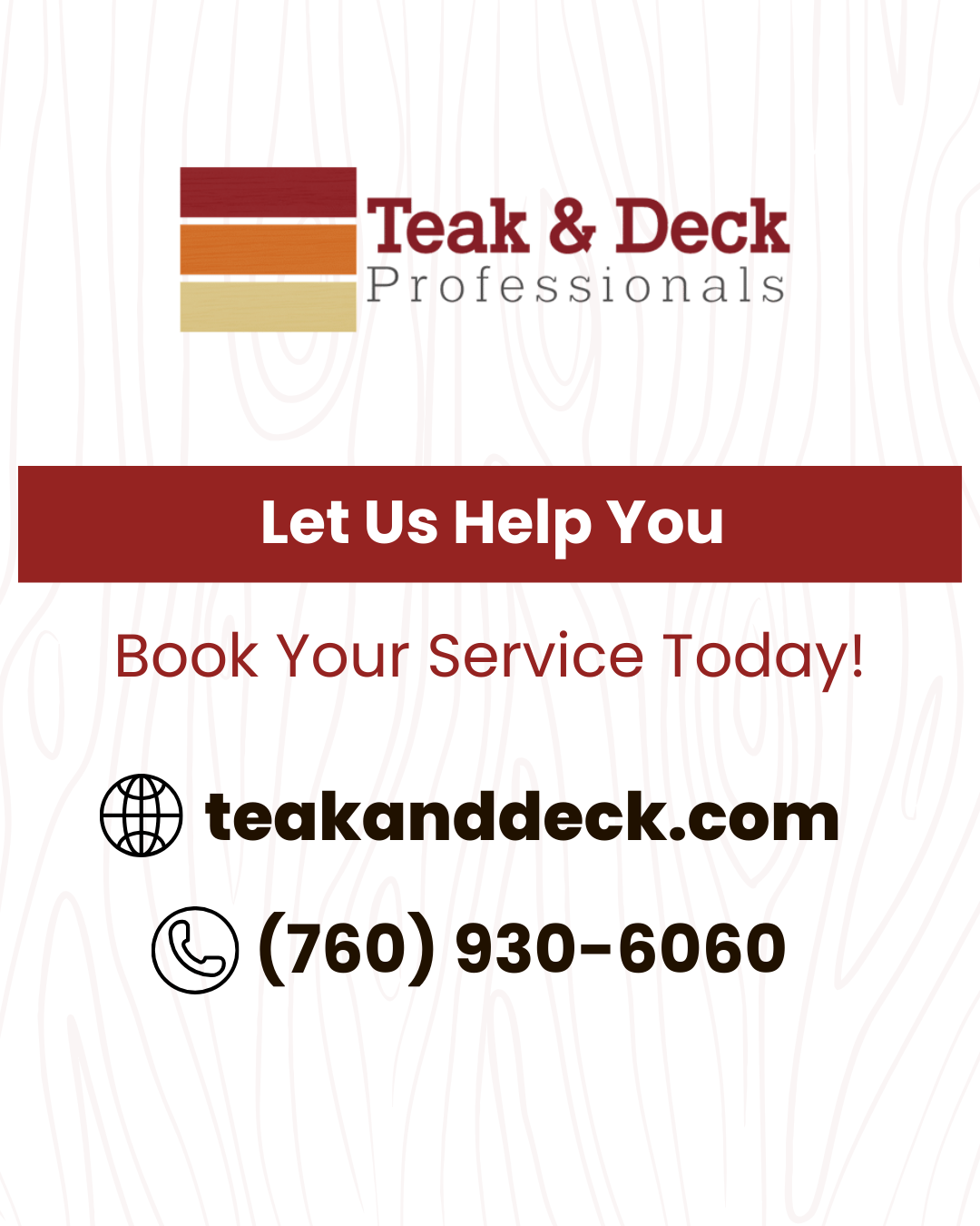 Teak & Deck Professionals contact graphic encouraging customers to book teak and deck restoration services, with the company website and phone number included.