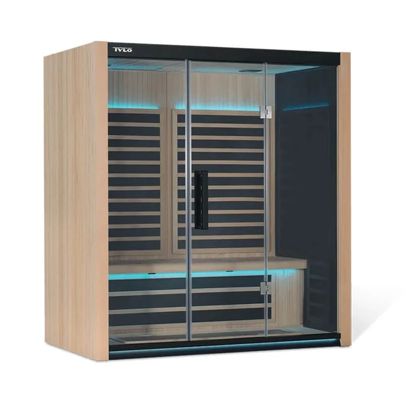 3 person infrared sauna with blue lighting