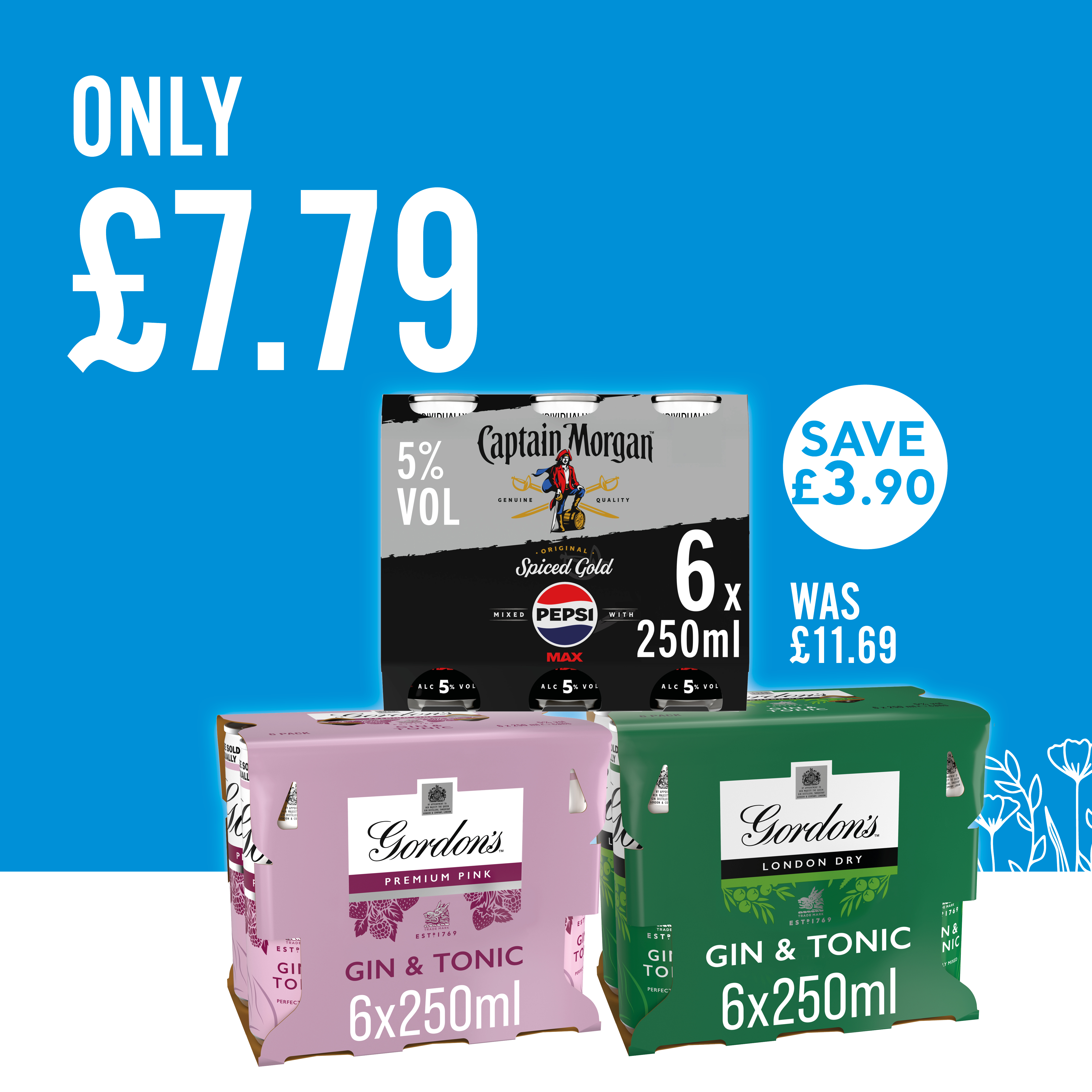 &pound;7.79 on captain morgan & pepsi max cans and gordons pink gin and gordons
