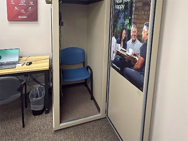 Hearing test booth for AudioNova hearing clinic in London, OH