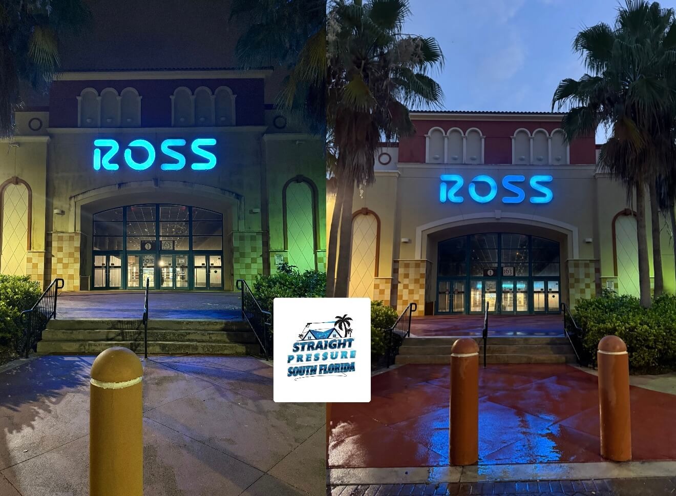 Commercial pressure washing and storefront cleaning at Ross in North Miami Beach, FL. Before and after results by Straight Pressure South Florida for a spotless, welcoming business exterior.
