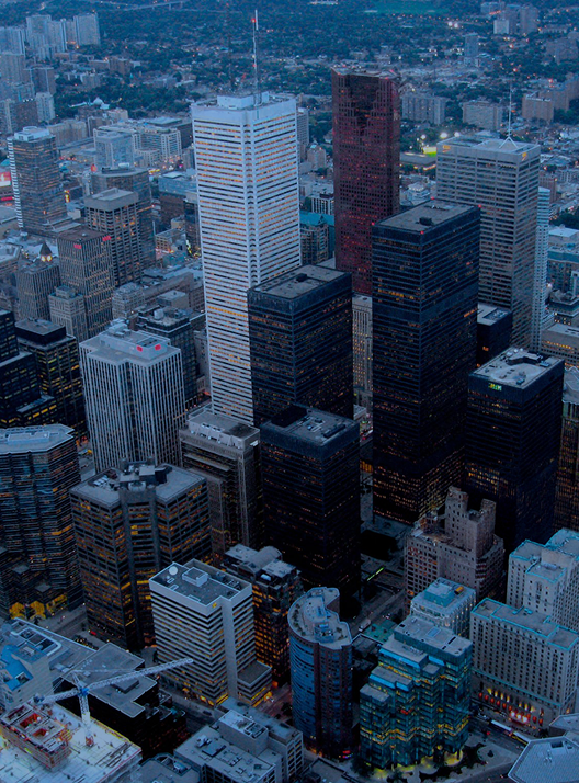 Aerial view of office buildings in a city.