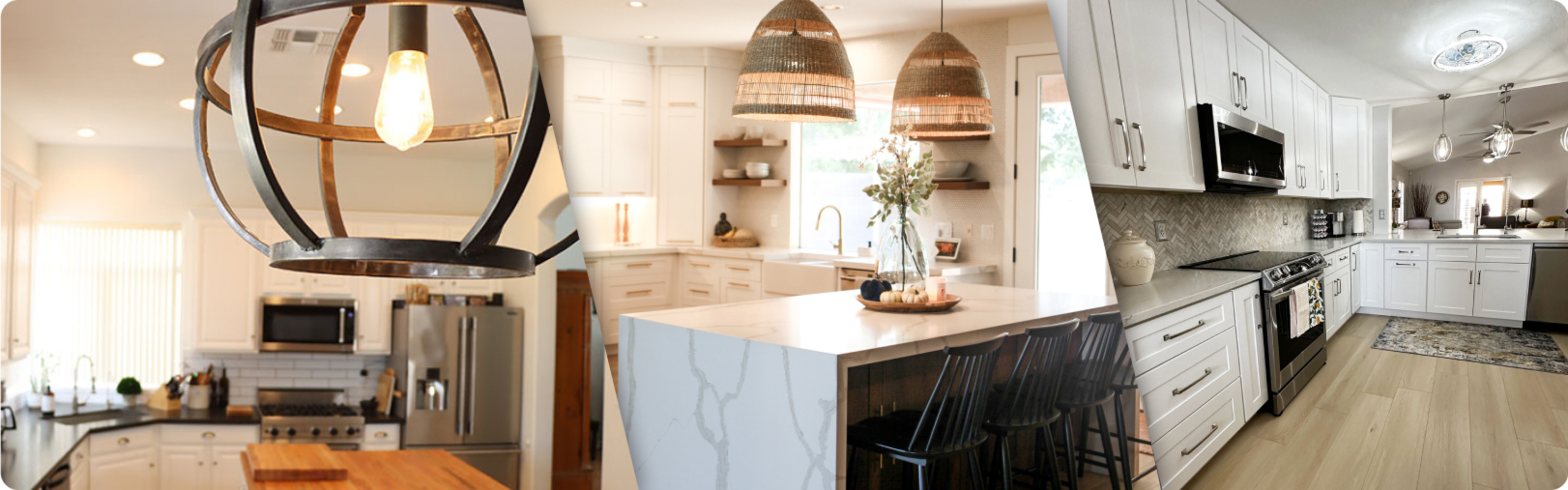 Kitchen remodeling collage highlighting multiple design approaches, including white cabinetry, islan 