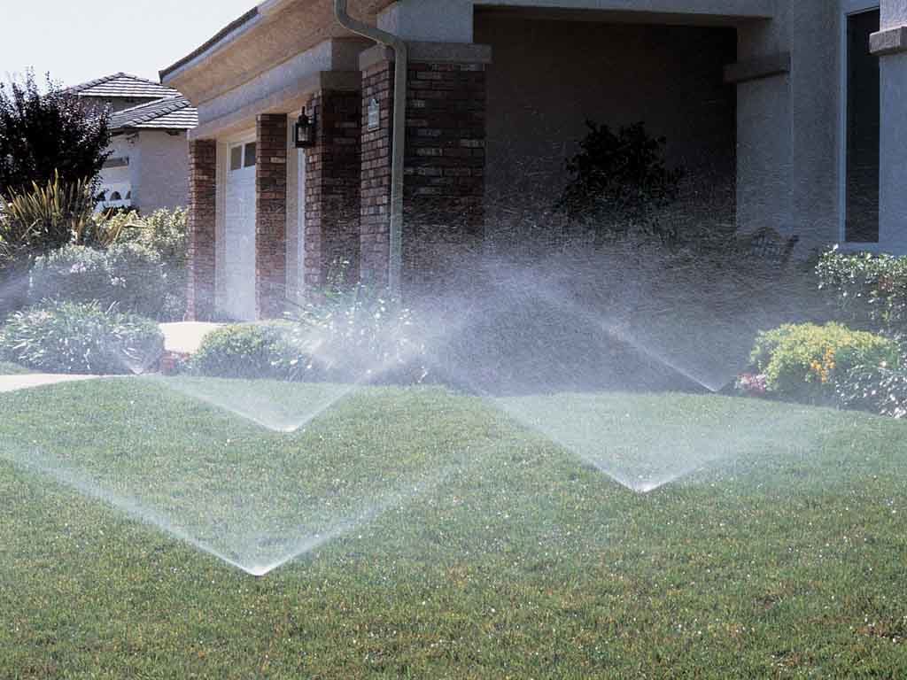 Multiple automatic pop-up sprinklers watering a lush green front lawn and landscaping in front of a modern home.