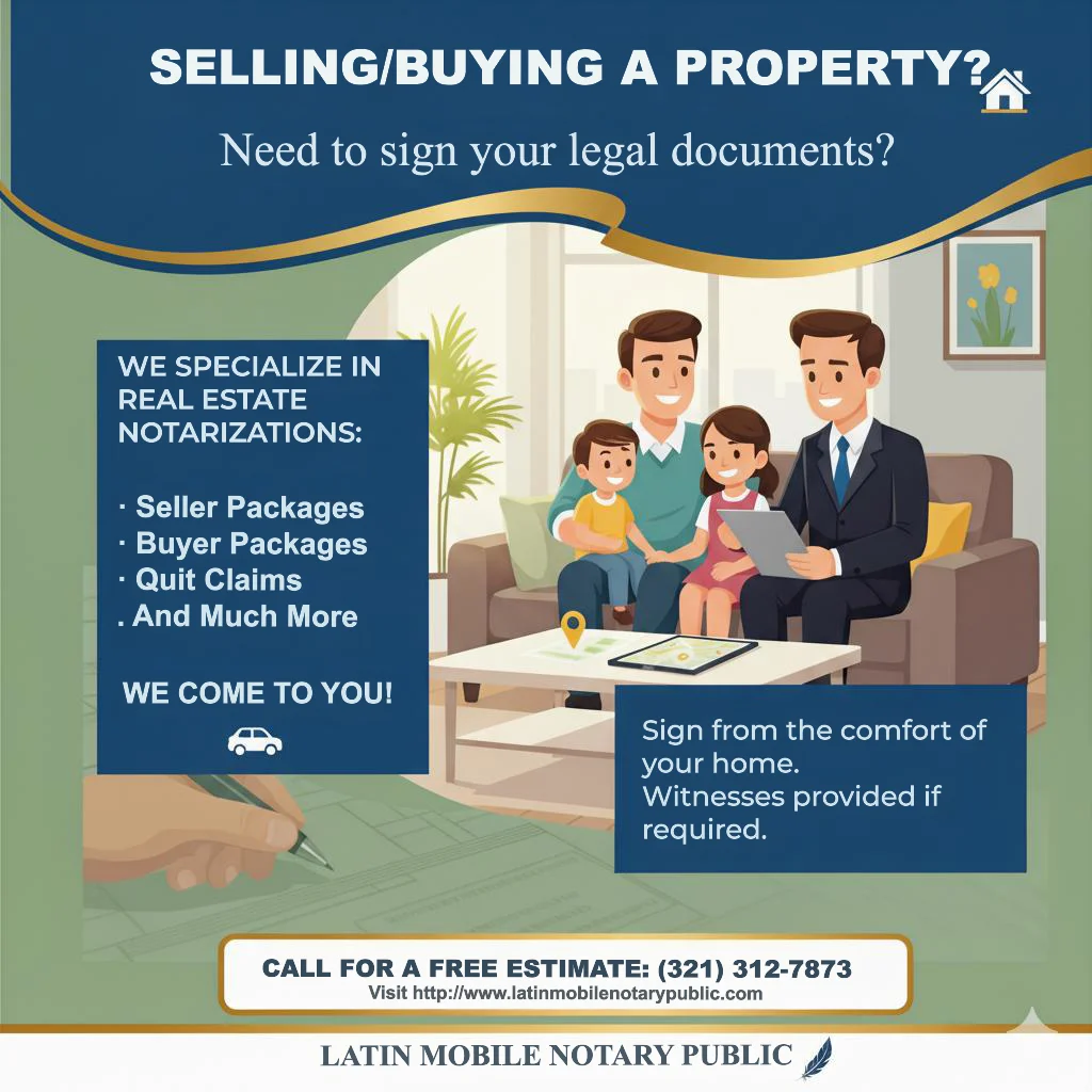 An illustration depicts a family and a notary public in a living room, with text overlay offering real estate notarization services.