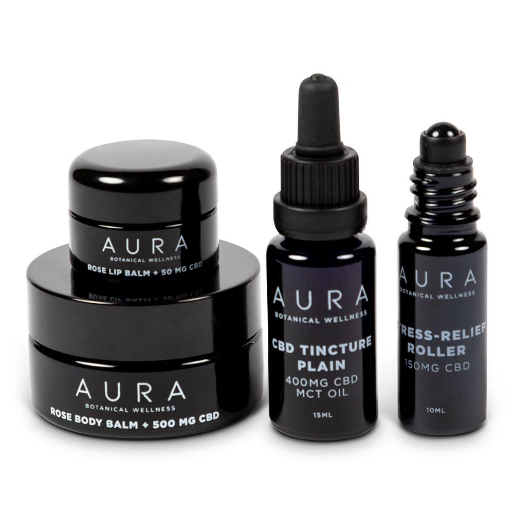 Full CBD product line packaging for Aura Botanical Wellness. Custom packaging by PLC Print.
