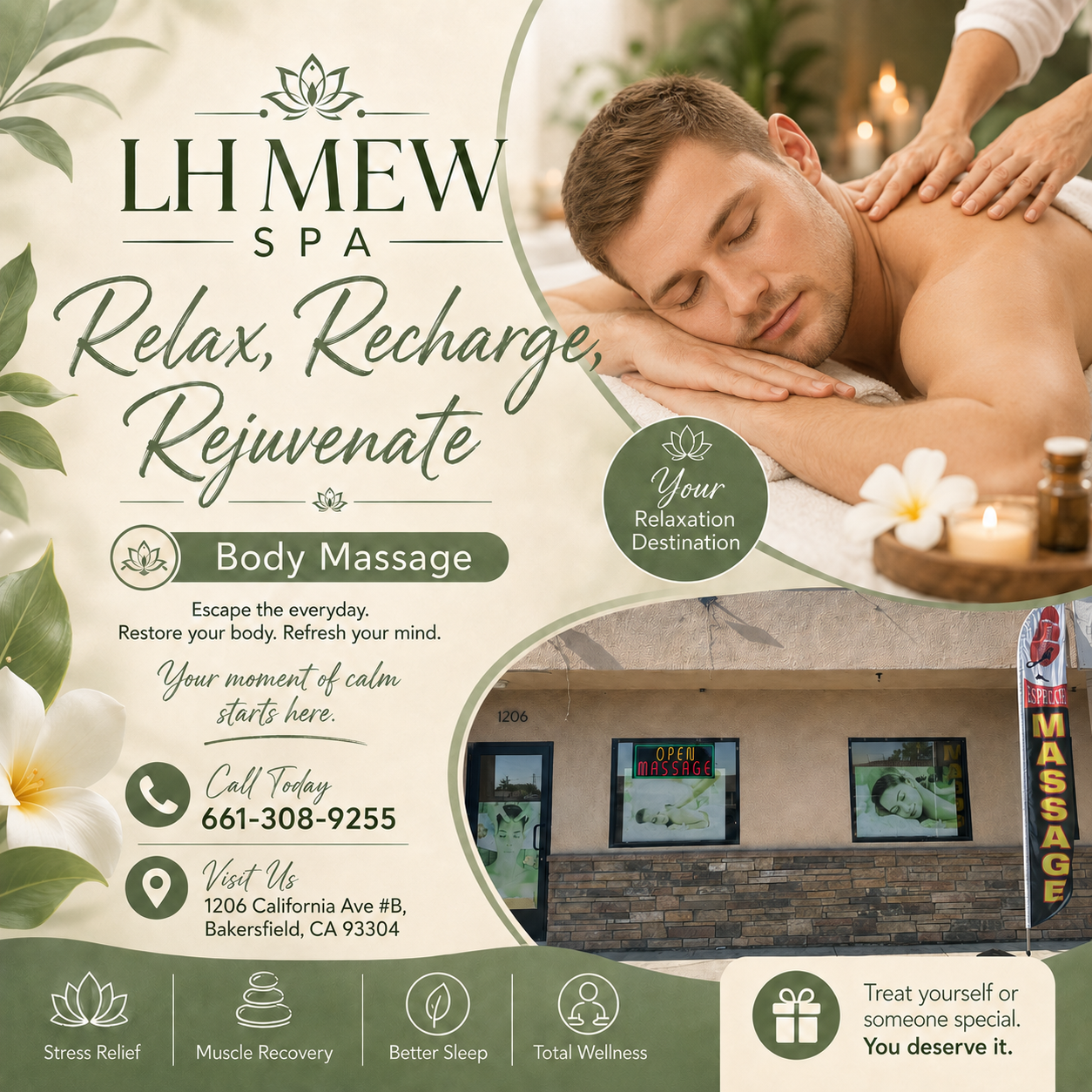 The full body massage targets all the major areas of the body that are most subject to strain and
discomfort including the neck, back, arms, legs, and feet.
If you need an area of the body that you feel needs extra consideration,
such as an extra sore neck or back, feel free to make your massage therapist aware and
they will be more than willing to accommodate you.