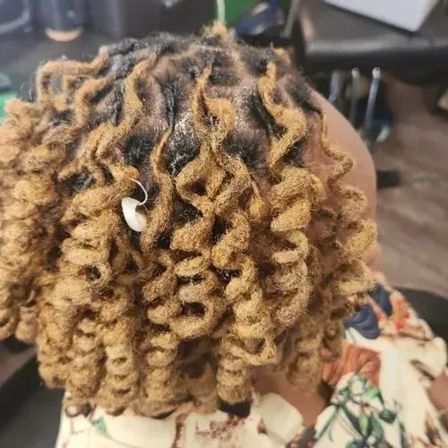 Beautiful blonde and dark locs styled into defined curls, highlighting vibrant color, healthy textur 