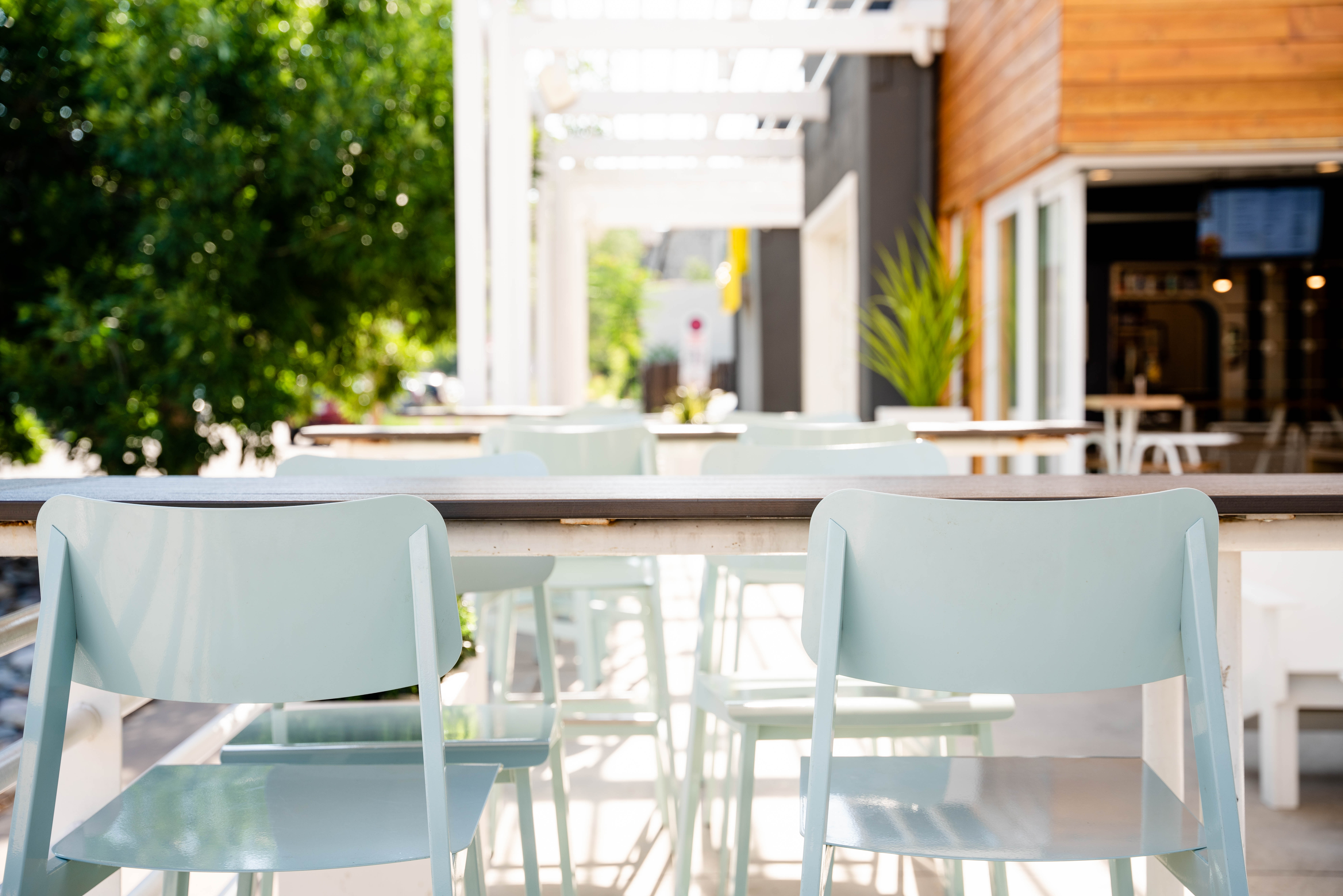 Birdcall Five Points has a spacious semi-covered patio.