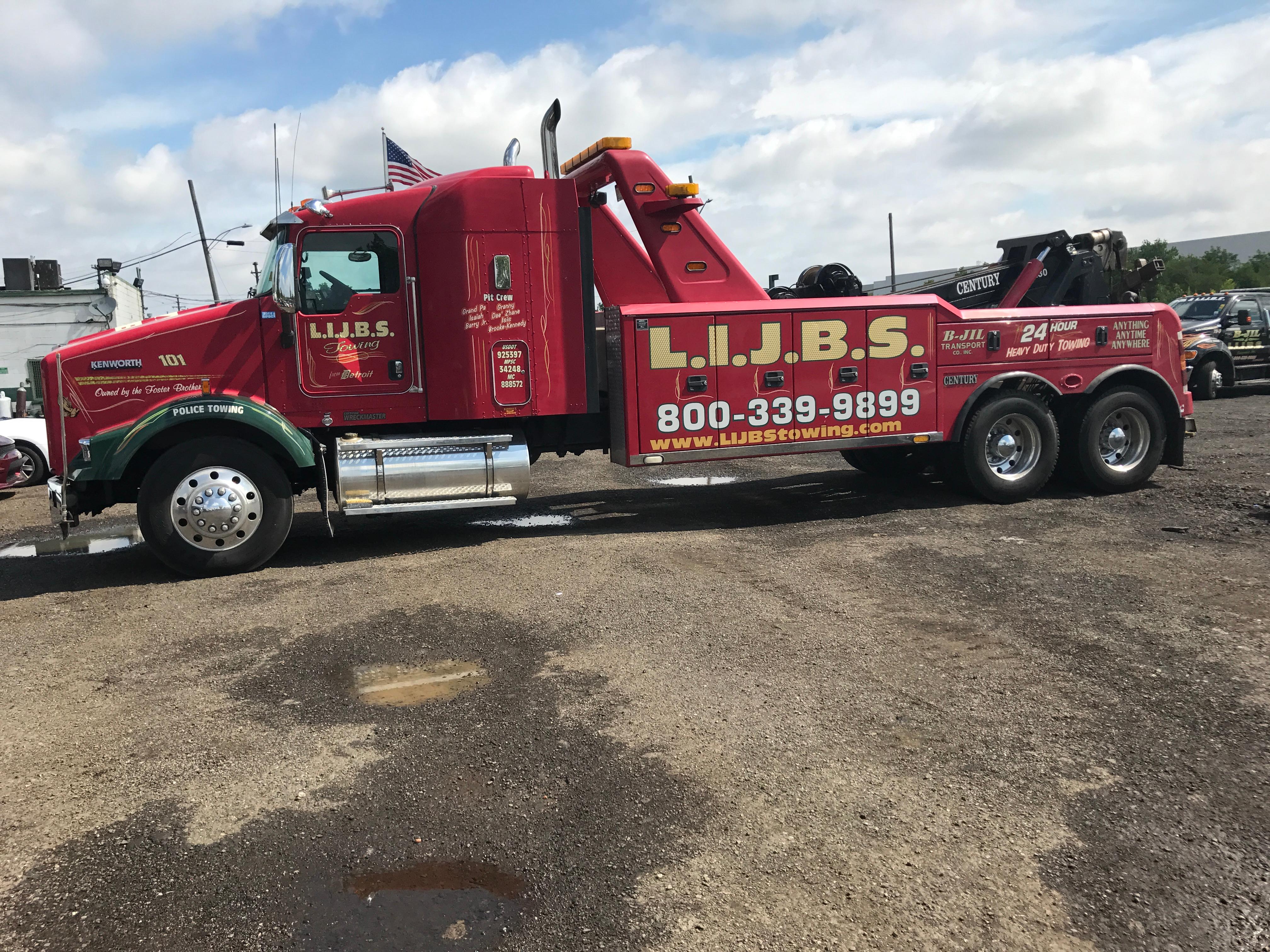 L.I.J.B.S. Towing | (800) 339-9899 | Detroit, MI | 24 Hour towing Service | Light Duty Towing | Medium Duty Towing | Heavy Duty Towing | Roadside Assistance | Jumpstarts | Car Lockouts | Accident Recovery and Cleanup | 4x4 Off Road Recovery | Vehicle Winching | Vehicle Up-righting | Rollover Recovery | Vehicle Transport | Flatbed Towing | Enclosed Trailers | Tire Changes | Police Rotation | We buy Junk Cars - Free Pickup