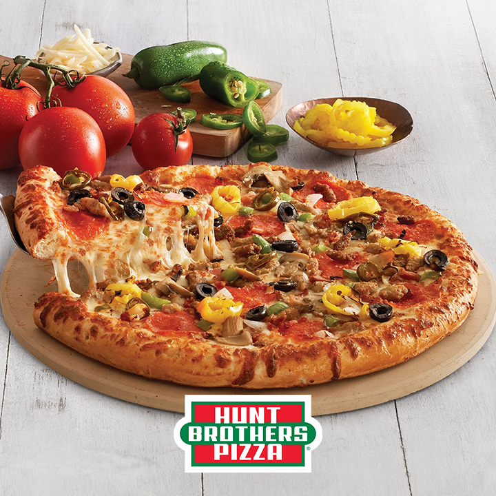 Hunt Brothers® Pizza Loaded Pizza on your choice of Original Crust or Thin Crust. Loaded Pizza is topped generously with Italian sausage, delicious pepperoni, chunks of bacon, savory beef, bell peppers, mushrooms, onions, black olives, banana peppers and an option of jalapeños for added kick.