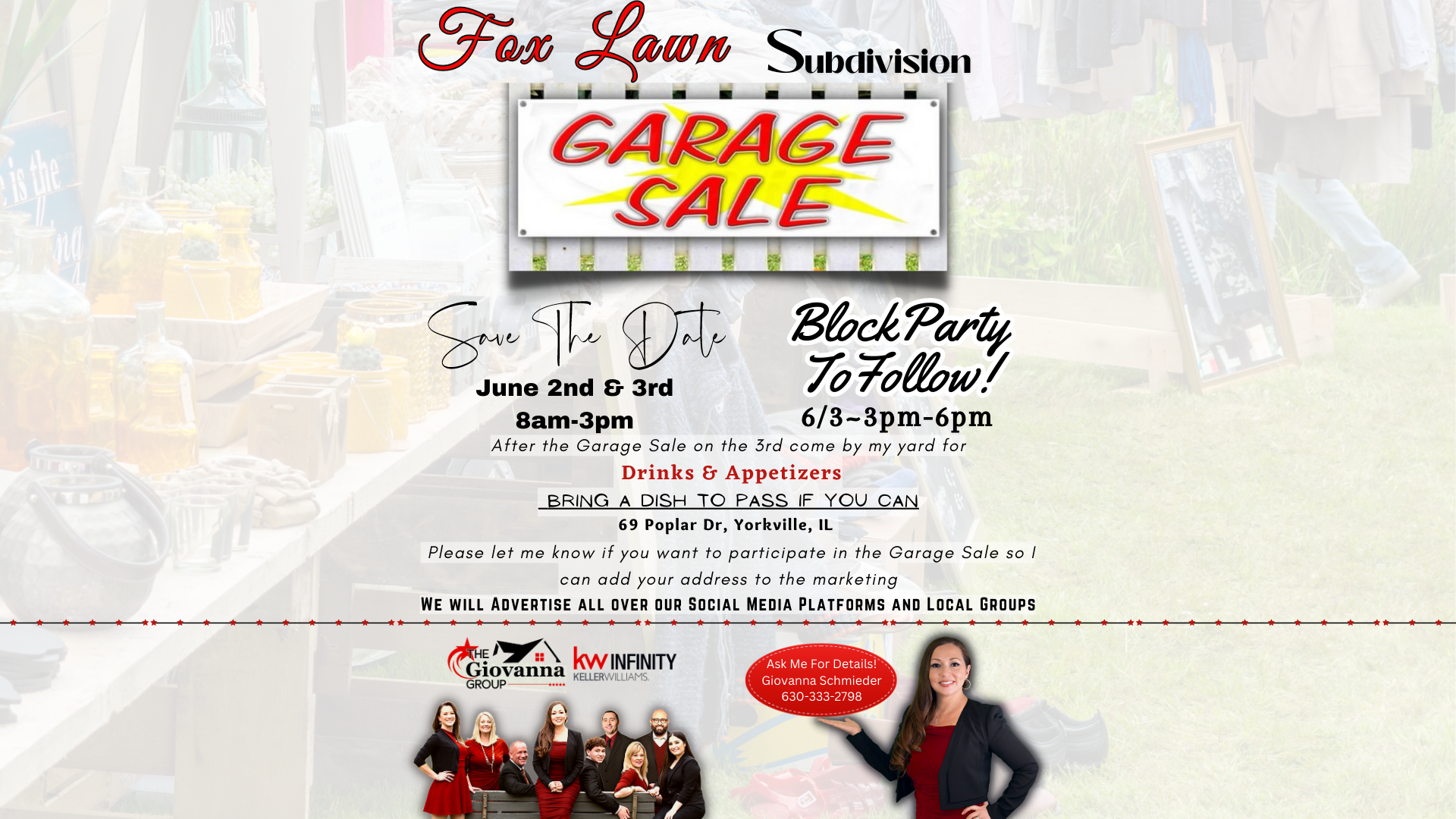 Get ready to discover hidden treasures, bargain deals, and unique items at our annual neighborhood event. Bring your family, friends, and neighbors to experience a fantastic day of shopping and socializing. Date: Friday, June 2-and Saturday, June 3rd Time: 8:00 am - 3:00 pm Location: Fox Lawn Subdivision Block Party to Follow! We hope to see you there!
