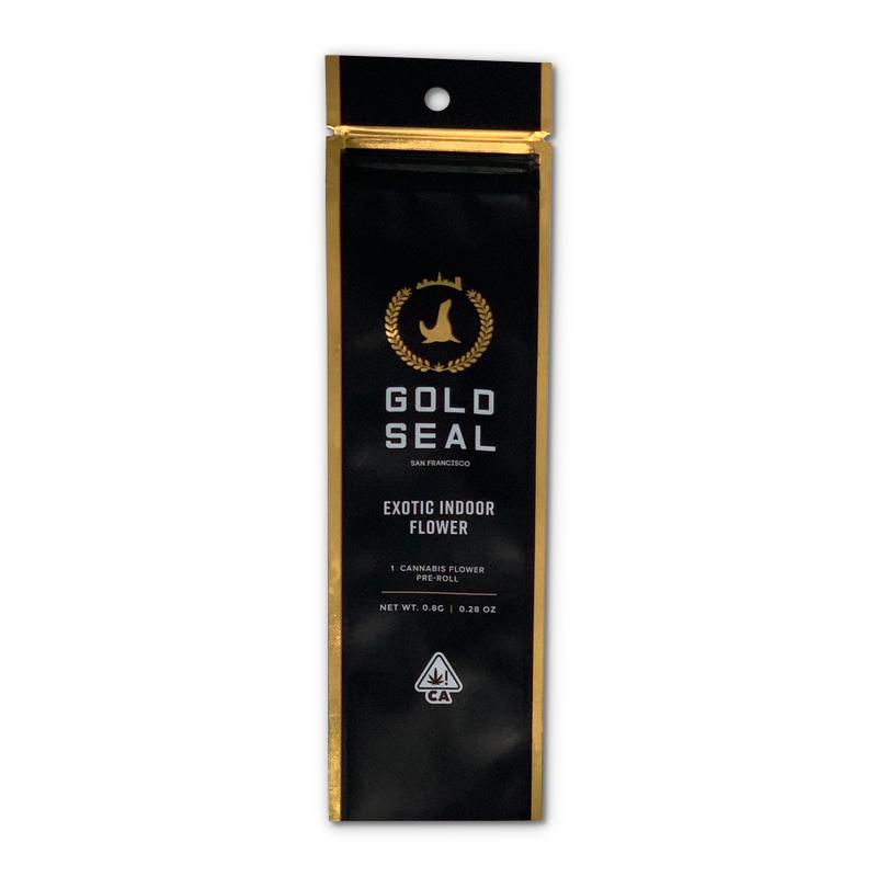 Pre-roll bag for Gold Seal exotic indoor flower. Custom packaging by PLC Print.