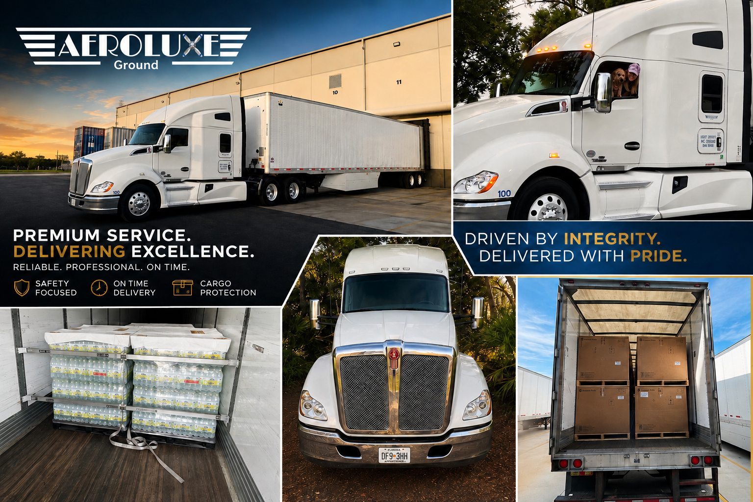 AeroLuxe Ground Inc. commercial trucking and logistics image featuring a white Kenworth semi truck w 
