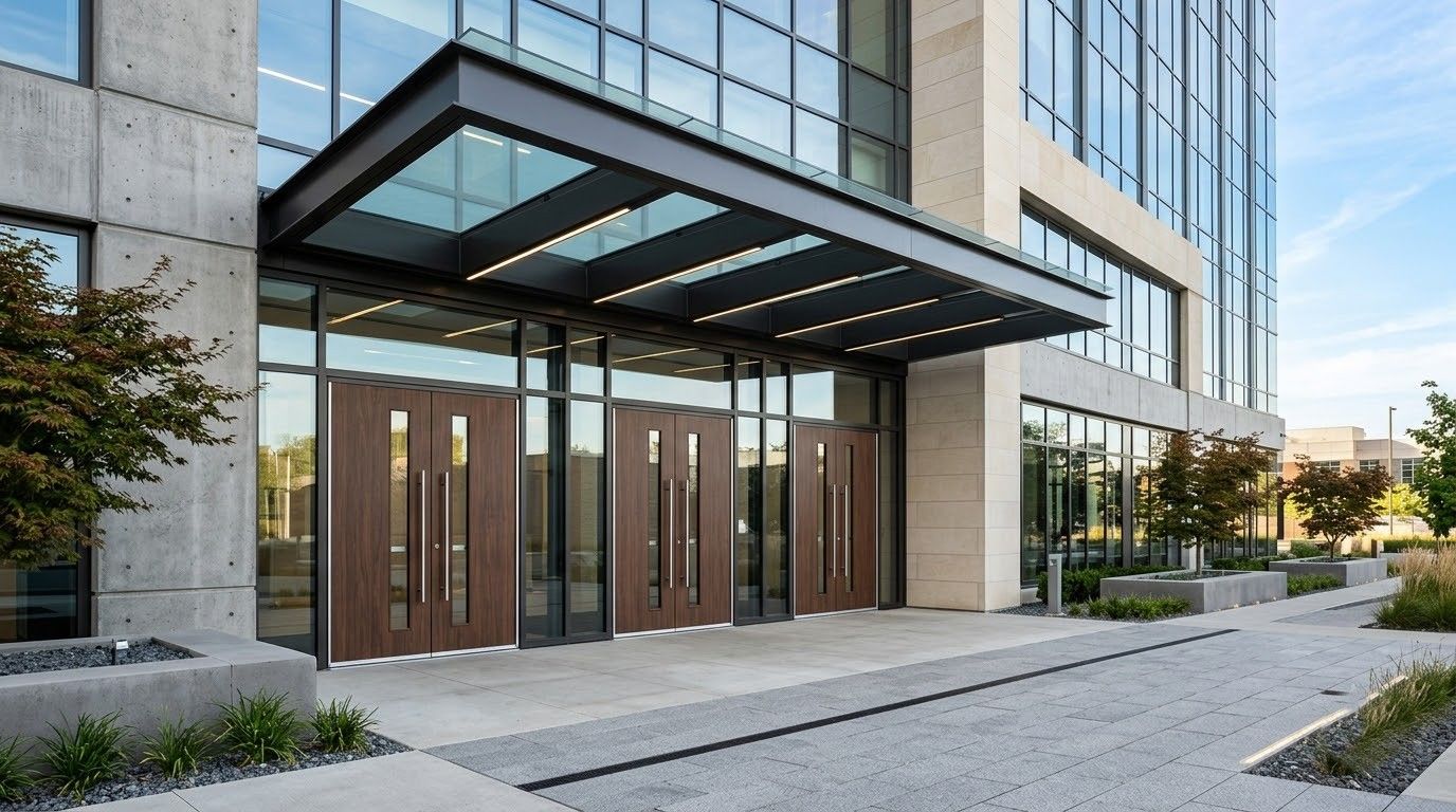 Modern commercial building entrance with multiple wood and glass doors beneath a large canopy, surrounded by concrete, landscaping, expansive windows, and contemporary architectural design for businesses and visitors for businesses.