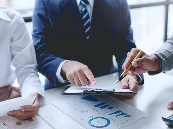 Commercial bankers reviewing documents.