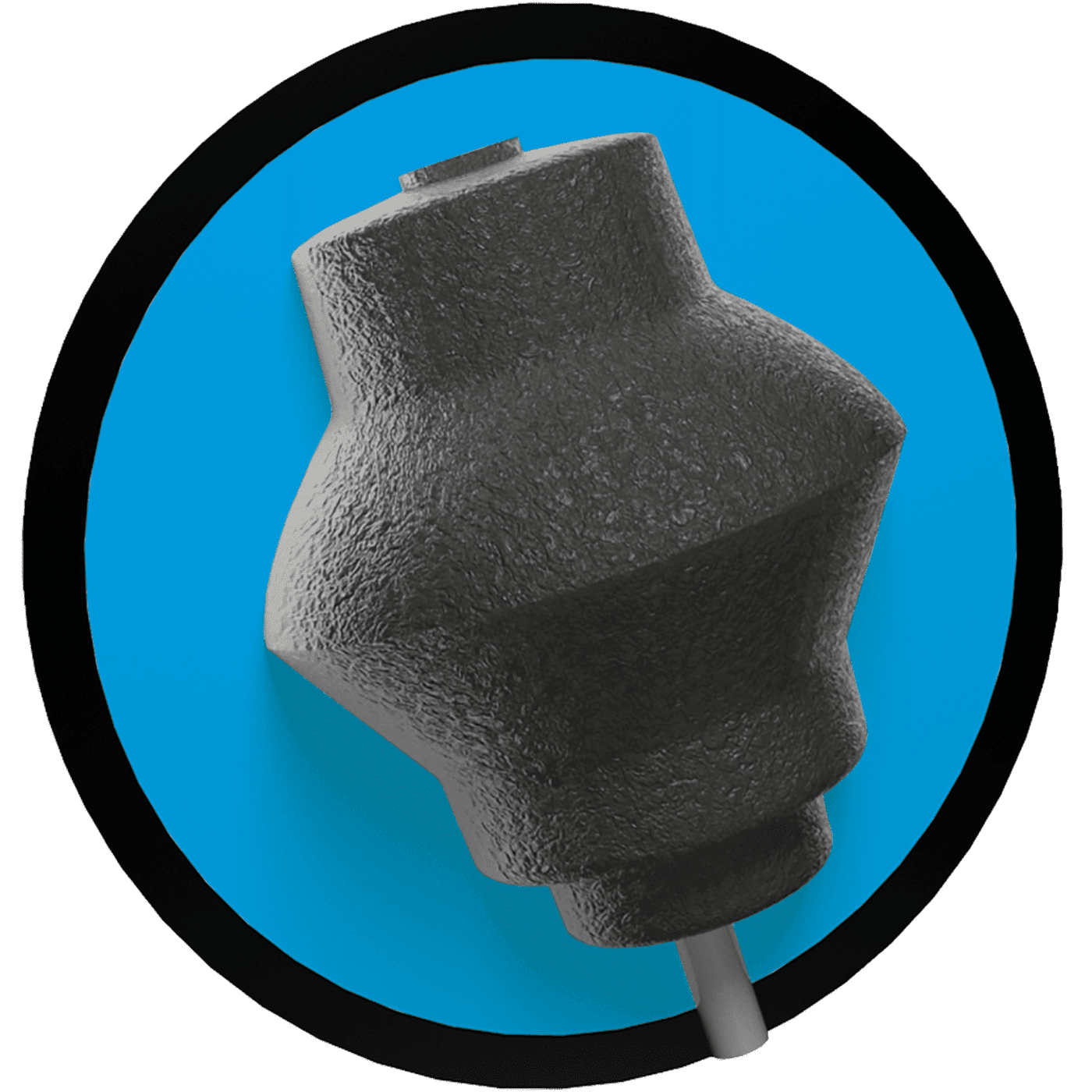 A dark gray, textured object with a unique, stylized shape, resembling a bowling pin or a decorative stopper, is centrally positioned against a vibrant blue circular background. The object is outlined by a thick black ring and a thin white border, suggesting a graphic or logo design. A subtle shadow is cast beneath the object, giving it a sense of depth.